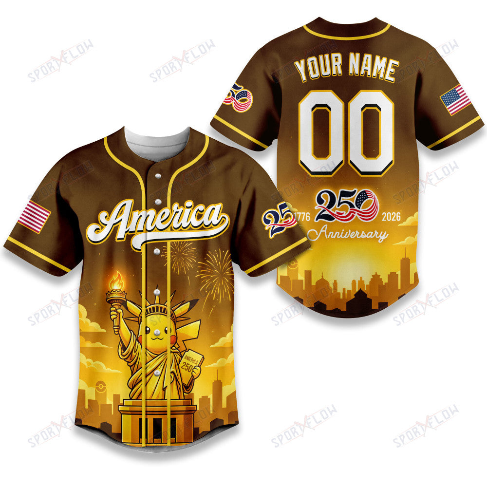 Pokemon Pikachu Liberty Spark America 250 Anniversary Baseball Jersey