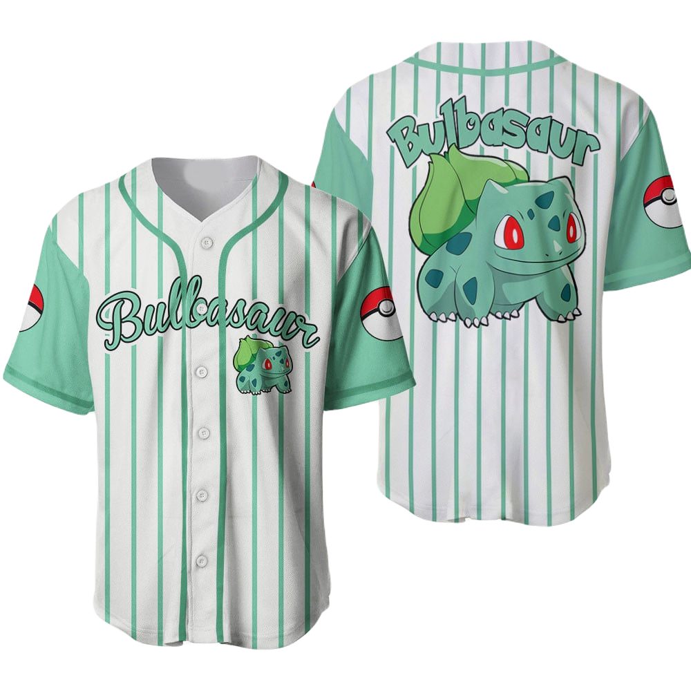 Bulbasaur Baseball Jersey - Stylish Green Striped Anime Fan Shirt For Kids &amp; Adults