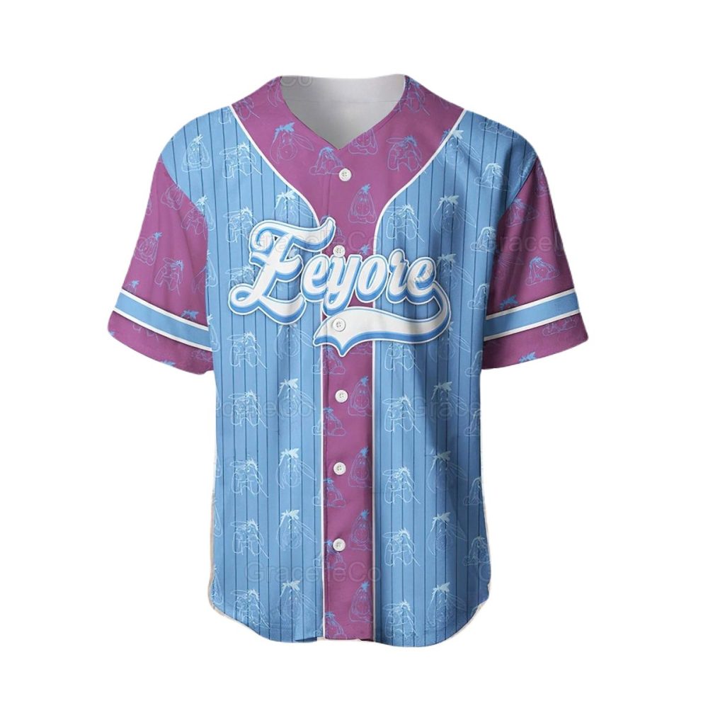 Stylish Eeyore Baseball Jersey - Unique Blue &amp; Purple Design, Perfect For Fans!