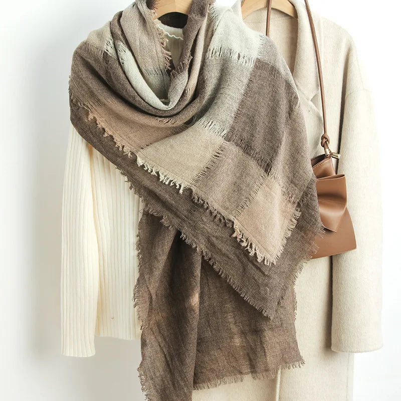 Boiled Wool Color-dyed Plaid Scarf Shawl Dual-purpose Double-layer Lamb Wool Women's Plaid Autumn and Winter Warm