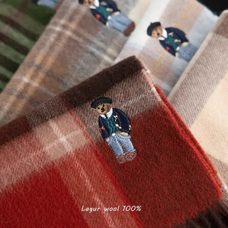Limited Edition British Bear 100% Australian Wool Scarf Retro British Style Thickened Winter Unisex Couple Plaid Scarf
