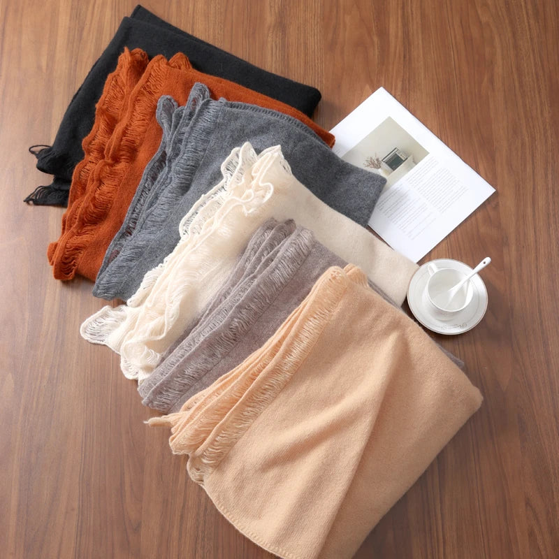 100%Wool Tassel Scarf for Women Winter Soft Warm Neck Warmer Solid Cashmere Like Long Shawl Head Wraps Fashion Pashmina Bandana