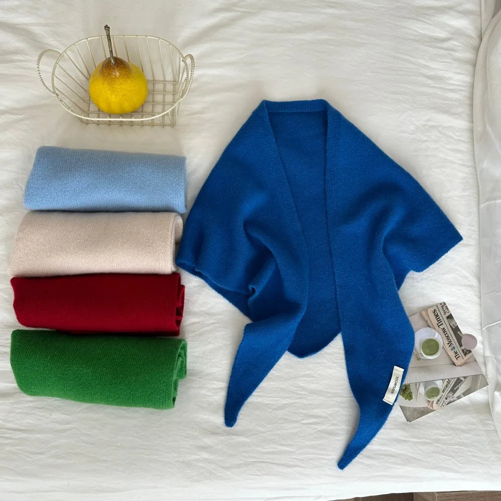 100% Wool Winter Scarf For Women Warm Triangle Knit Scarves Hijab Solid Lady Shawl Wrap Female Pashmina Bandana Head Scarfs New