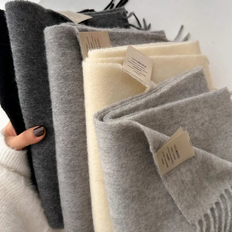 Luxury Winter 100% Wool Scarf Women Cashmere Handkerchief Warm Pashmina Female Shawl Solid Wrap Soft Bufanda Scarves Stole 2025