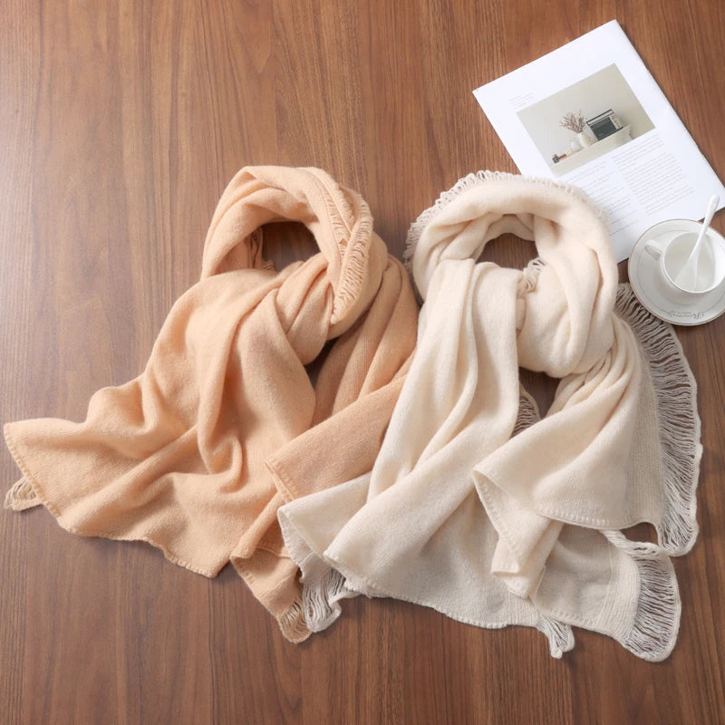100%Wool Tassel Scarf for Women Winter Soft Warm Neck Warmer Solid Cashmere Like Long Shawl Head Wraps Fashion Pashmina Bandana