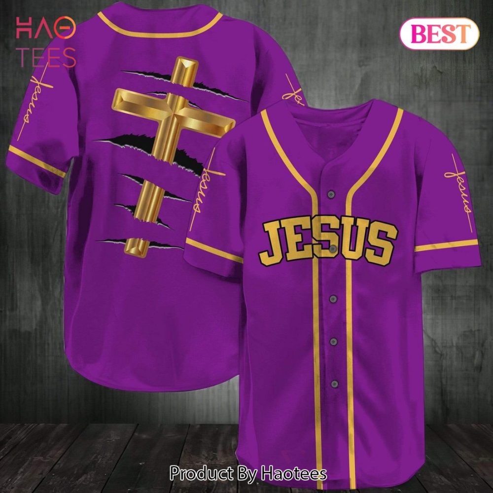 Purple Jesus Baseball Jersey With Gold Cross Design – Christian Apparel By Haotees