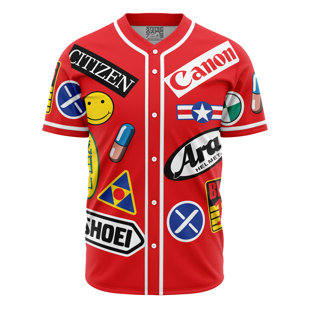Vibrant Red Baseball Jersey With Bold Graphic Patches – Stand Out In Style!
