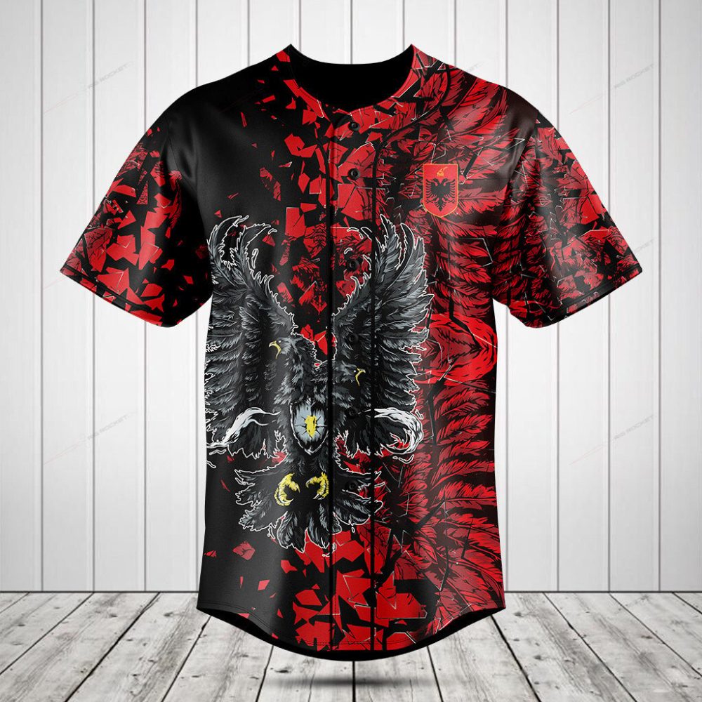 Men'S Eagle Graphic Baseball Jersey - Bold Red &amp; Black Design, Perfect For Sports &amp; Streetwear
