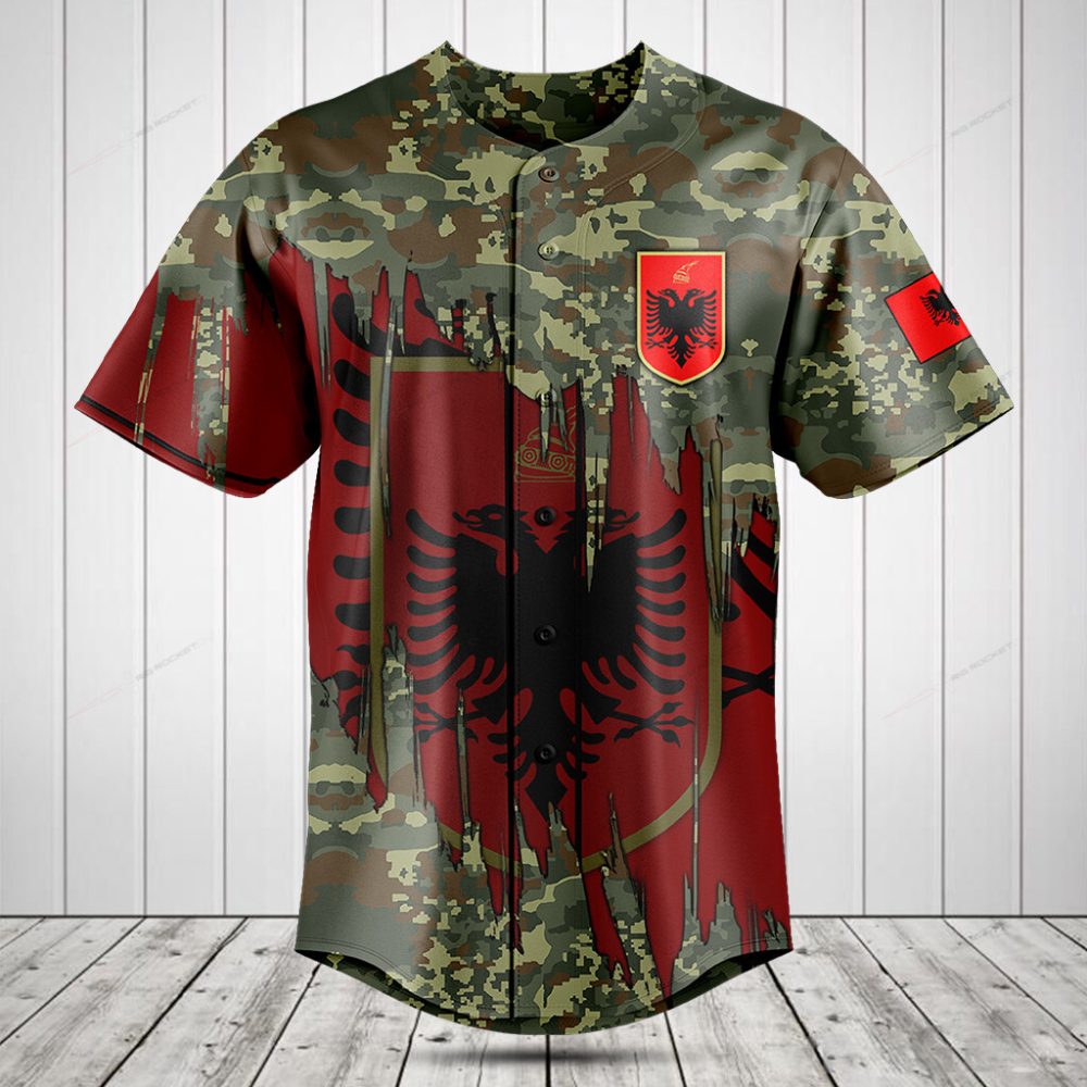 Albanian Eagle Camo Baseball Jersey - Bold Red &amp; Green Design - Perfect Gift For Fans