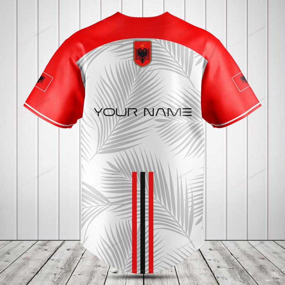 Albania Baseball Jersey - Stylish Red &amp; White Palm Leaf Design - Perfect Gift Idea!