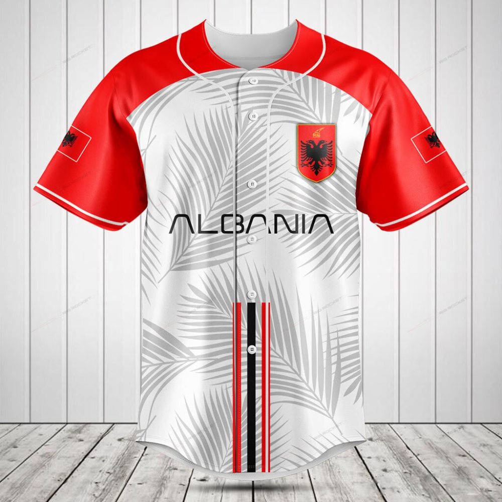 Albania Baseball Jersey - Stylish Red &amp; White Palm Leaf Design - Perfect Gift Idea!