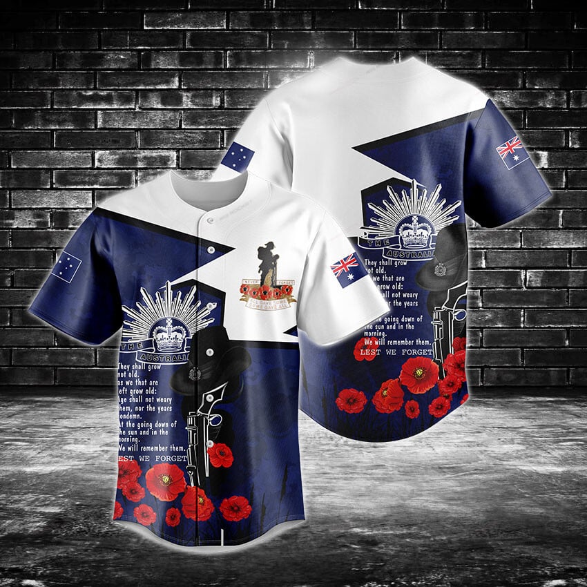 Men'S Remembrance Day Baseball Jersey Shirt - Lest We Forget Design With Poppies &amp; Flags