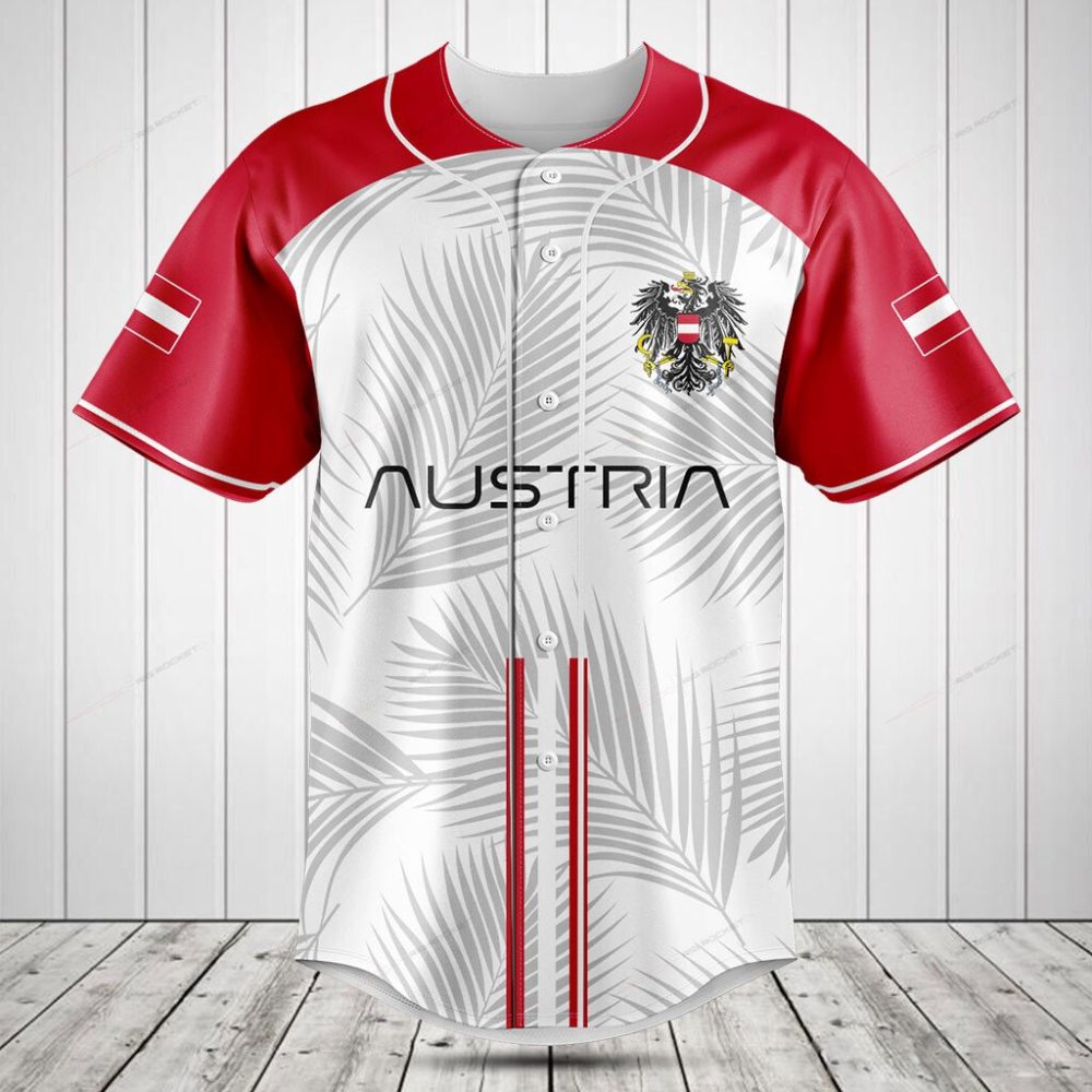 Stylish Austrian Baseball Jersey - Red &amp; White, Palm Leaf Design, Men'S Sportswear
