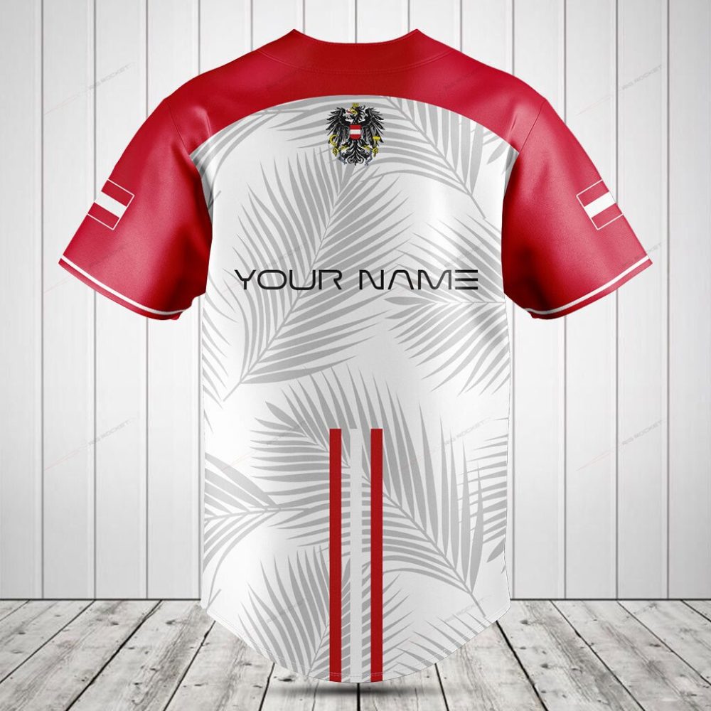 Stylish Austrian Baseball Jersey - Red &amp; White, Palm Leaf Design, Men'S Sportswear