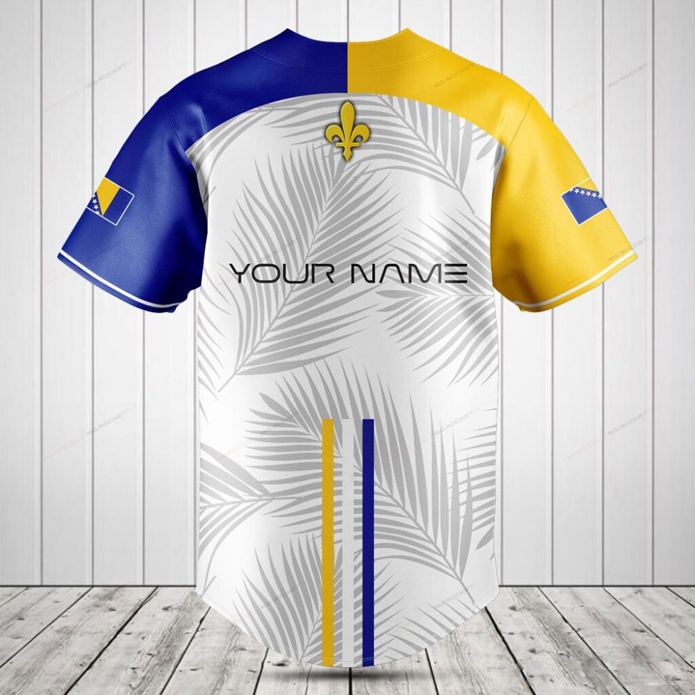 Bosnia Themed Baseball Jersey - Stylish Tropical Leaf Design, Short Sleeve, Unisex, Comfortable Fit