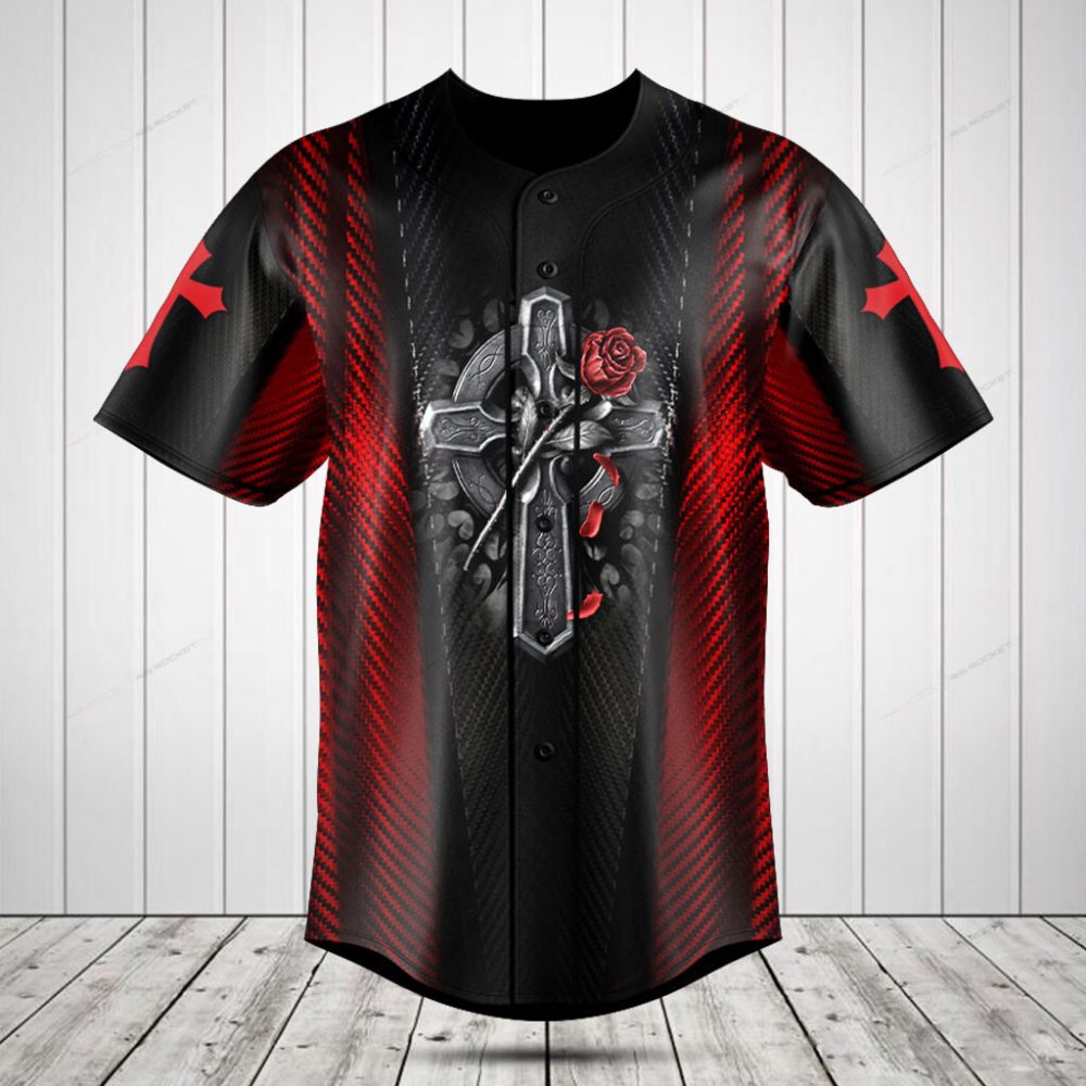 Stylish Gothic Cross &amp; Rose Baseball Jersey - Unique Red &amp; Black Design For Men