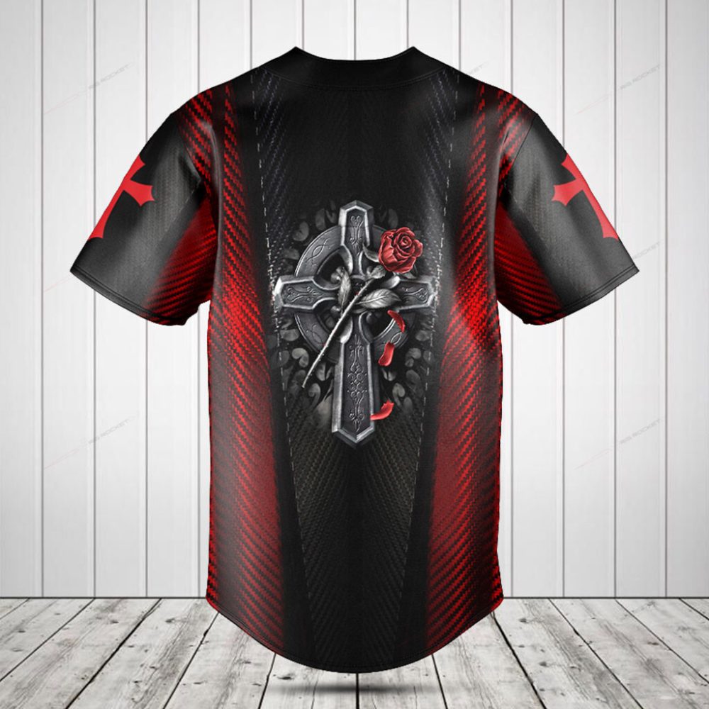 Stylish Gothic Cross &amp; Rose Baseball Jersey - Unique Red &amp; Black Design For Men