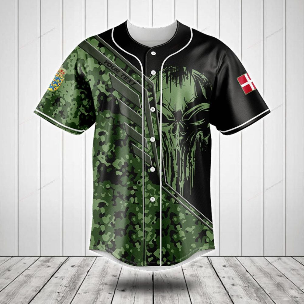 Men'S Camo Skull Baseball Jersey - Military Green &amp; Black Graphic Tee Top