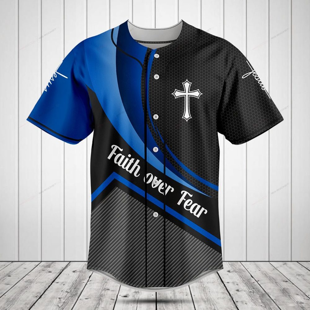 Faith Over Fear Baseball Jersey – Blue &amp; Black Cross Design Shirt For Men