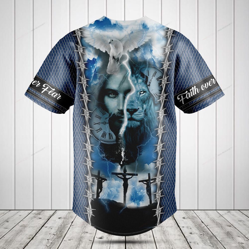 Faith Over Fear Spiritual Baseball Jersey - Bold Lion &amp; Clock Design, Men'S Christian Apparel