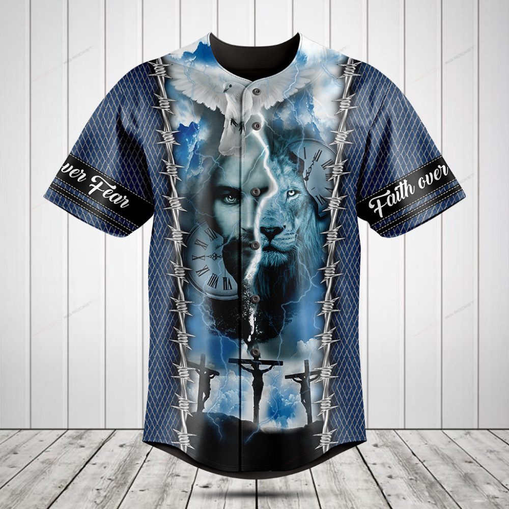 Faith Over Fear Spiritual Baseball Jersey - Bold Lion &amp; Clock Design, Men'S Christian Apparel