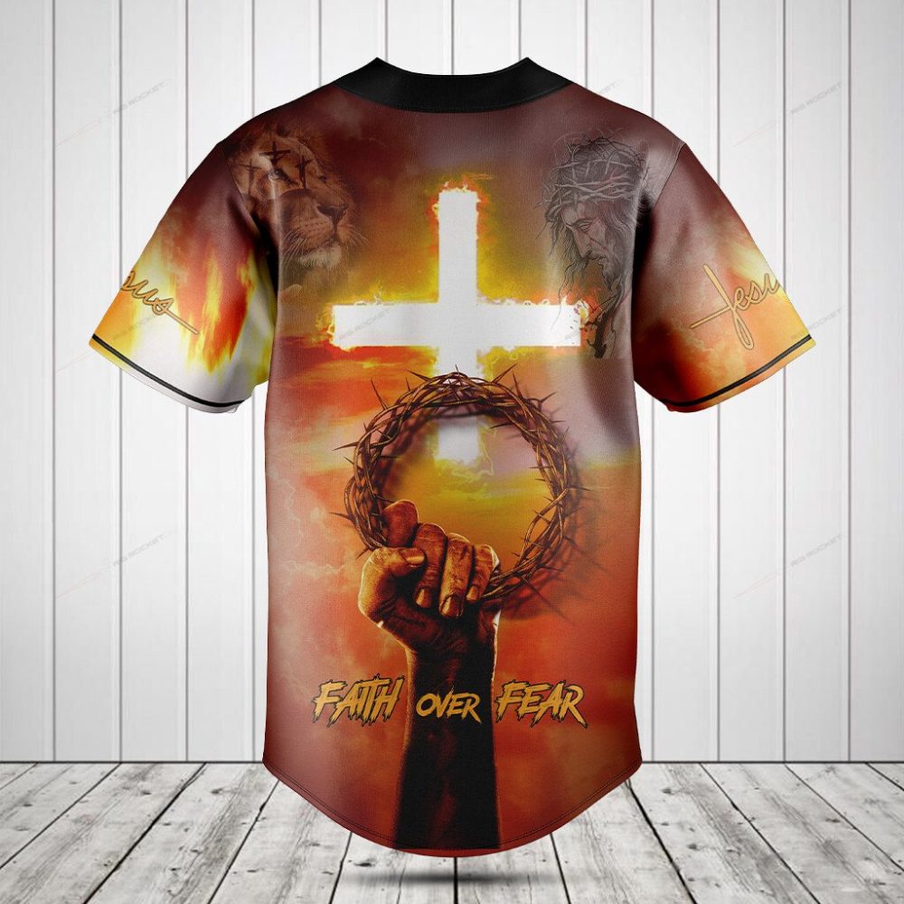 Faith Over Fear Lion &amp; Cross Graphic Baseball Jersey – Bold Christian Apparel
