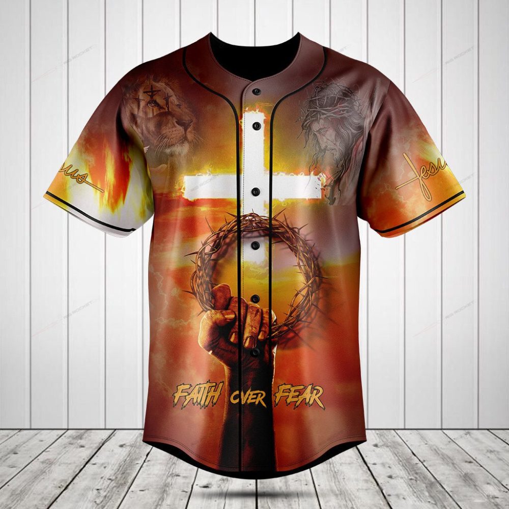 Faith Over Fear Lion &amp; Cross Graphic Baseball Jersey – Bold Christian Apparel