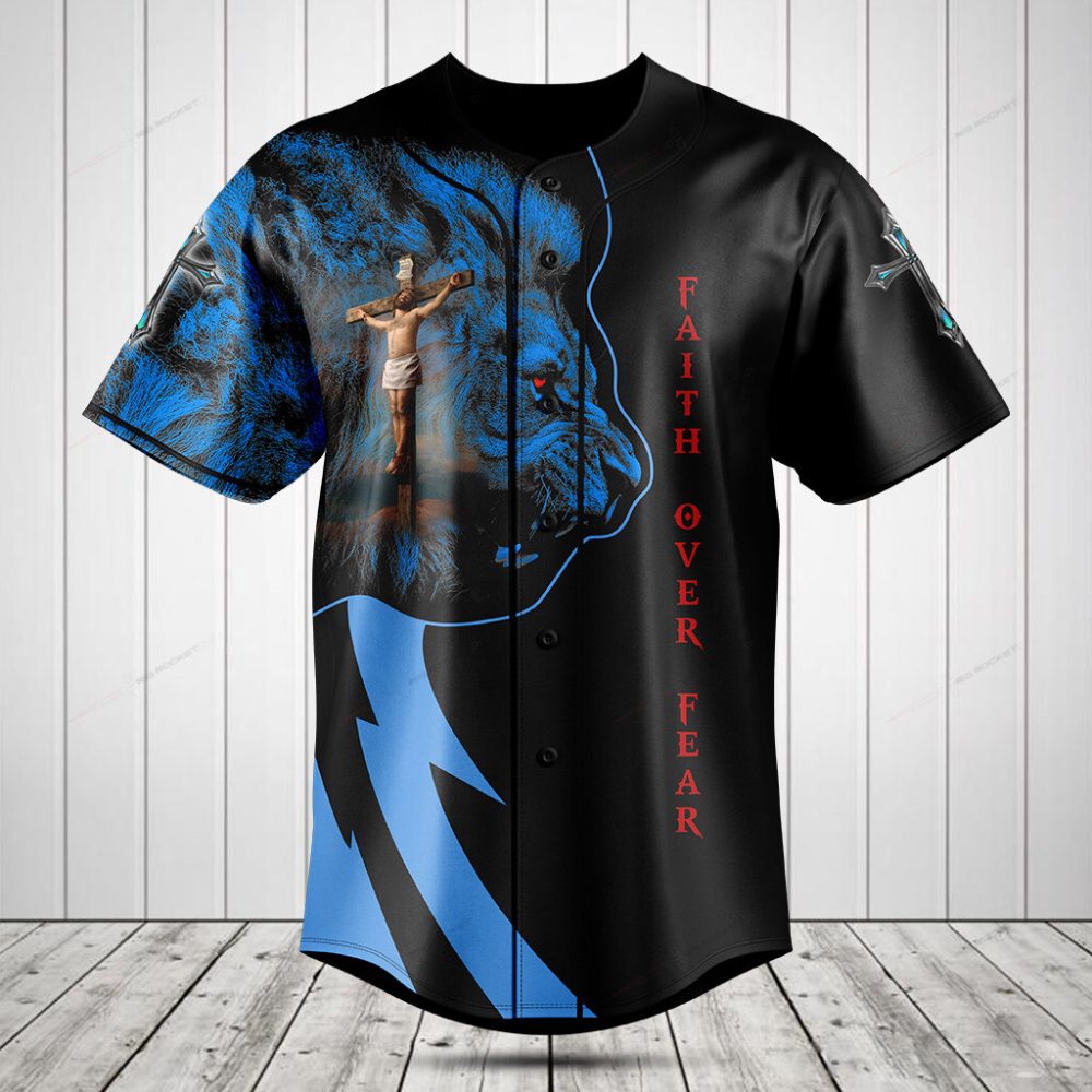 Faith Over Fear Graphic Baseball Jersey - Bold Lion &amp; Cross Design - Men'S Spiritual Apparel