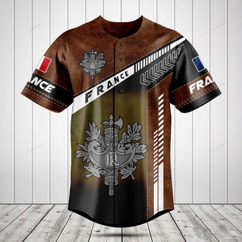 Stylish France Baseball Jersey - Vintage Brown &amp; Black Design, Short Sleeve, Perfect Gift