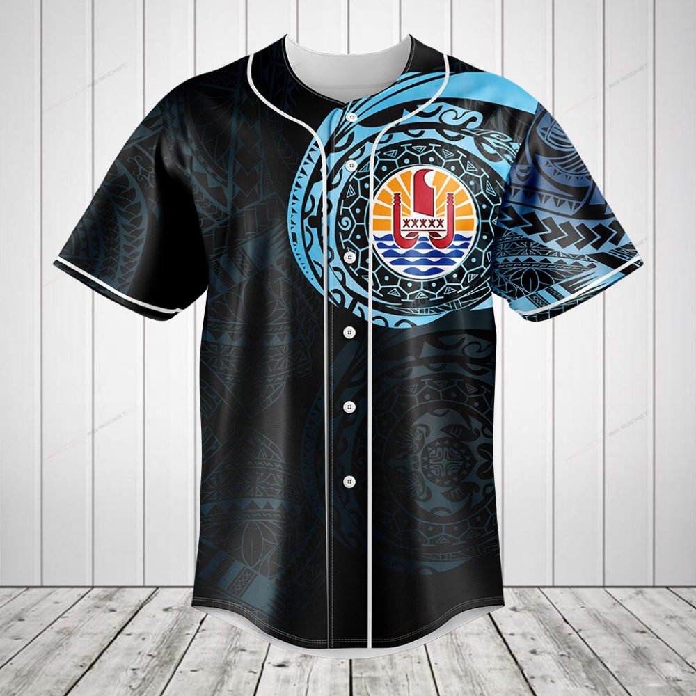 Tribal Pattern Baseball Jersey – Unique Polynesian Design, Black &amp; Blue, Unisex Casual Wear