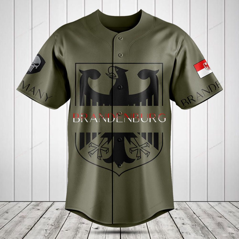 Brandenburg Eagle Emblem Baseball Jersey - Stylish Olive Green Athletic Shirt For Fans