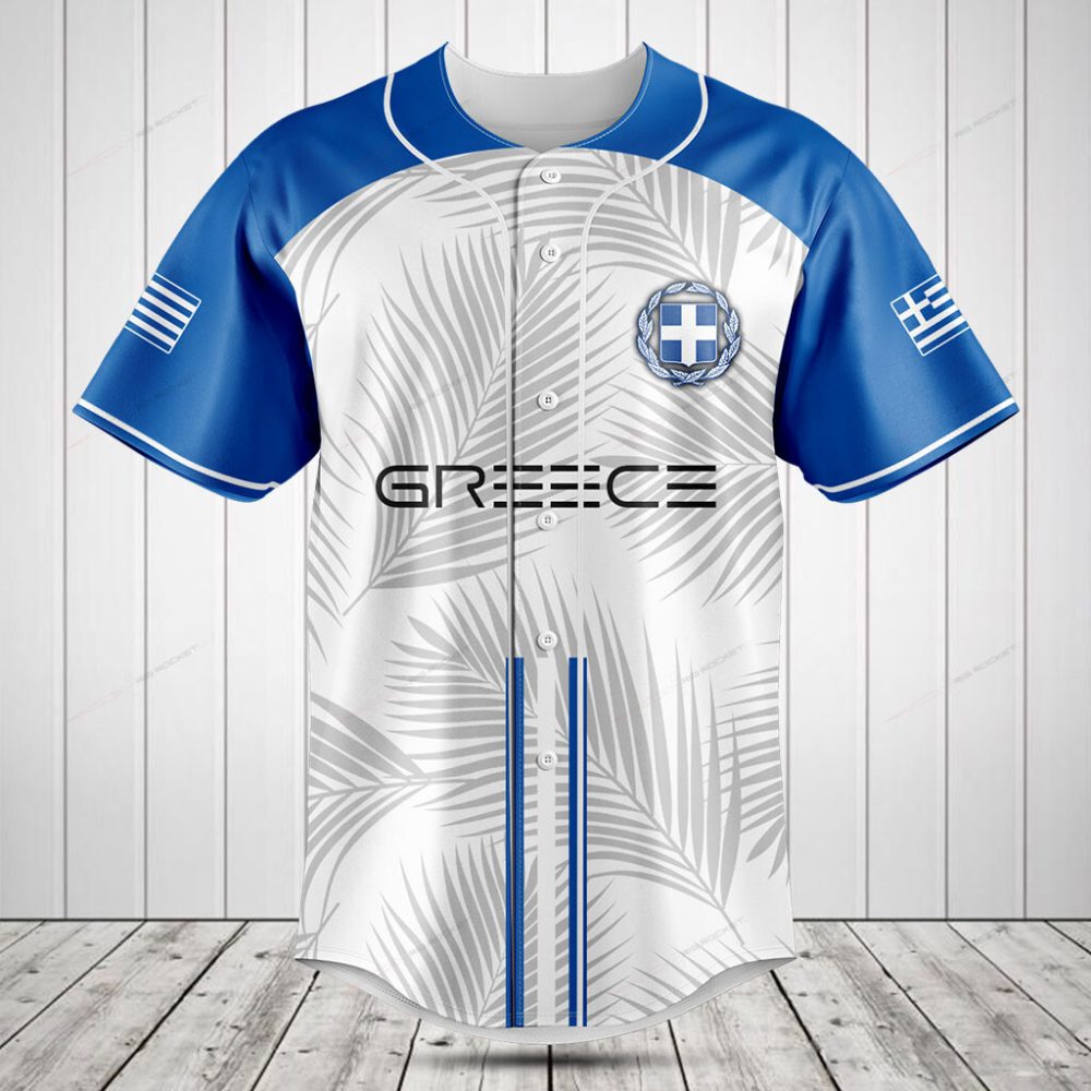 Greece Baseball Jersey - Blue &amp; White Palm Design - Stylish &amp; Comfortable Sportswear
