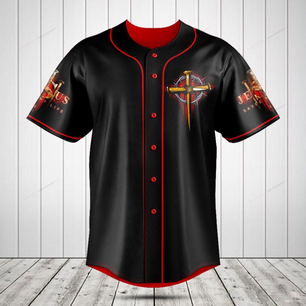 Faith-Inspired Black Baseball Jersey - Cross &amp; Jesus Design, Stylish Christian Apparel