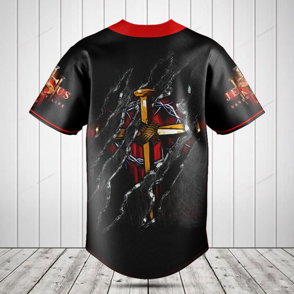 Faith-Inspired Black Baseball Jersey - Cross &amp; Jesus Design, Stylish Christian Apparel