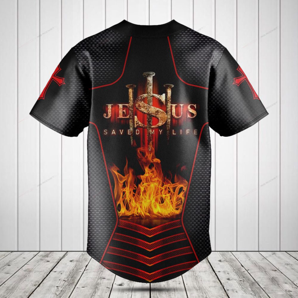 Faith-Inspired Baseball Jersey - 'Jesus Saved My Life' Design, Bold Black &amp; Red With Flame Graphics