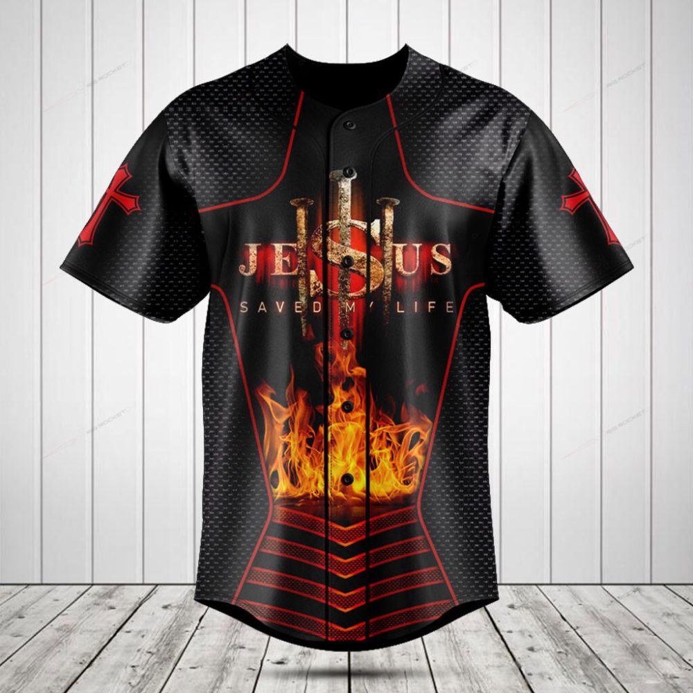Faith-Inspired Baseball Jersey - 'Jesus Saved My Life' Design, Bold Black &amp; Red With Flame Graphics