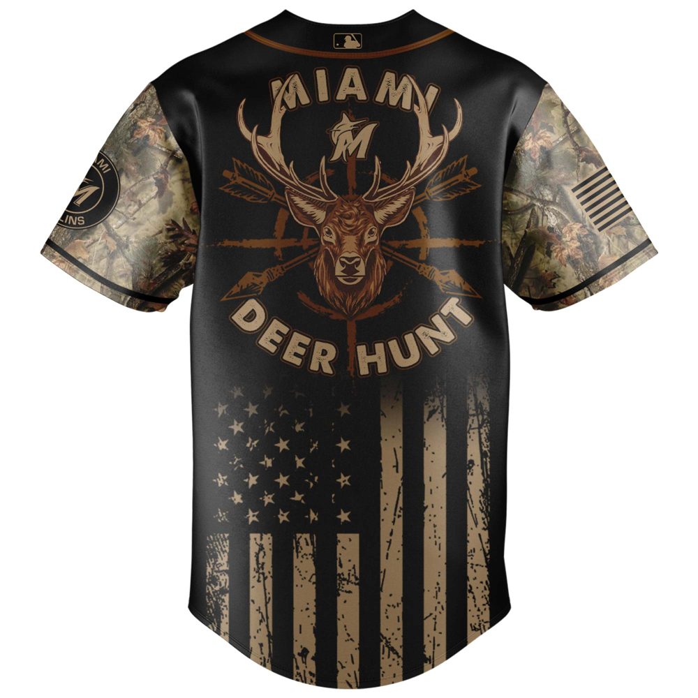 Miami Deer Hunt Baseball Jersey - Camo Sleeves &amp; Patriotic Design For Hunters