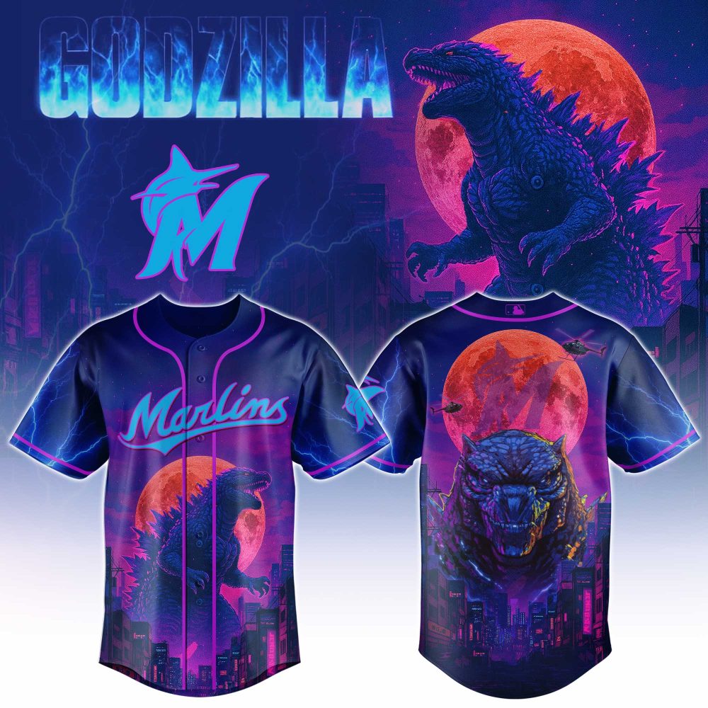 Epic Godzilla Cityscape Baseball Jersey - Neon Marlins Design, Perfect For Fans!
