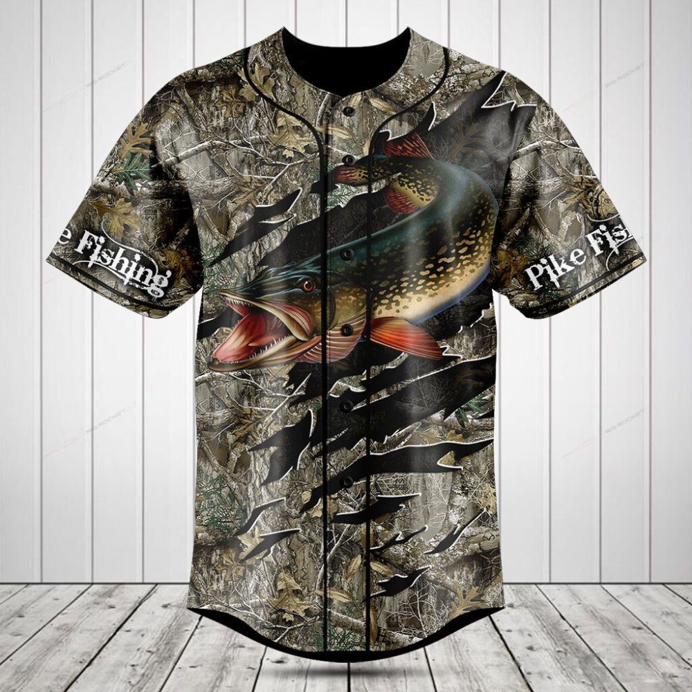 Pike Fishing Camo Baseball Jersey - Men'S Outdoor Sportswear Gift