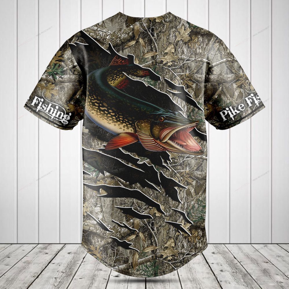 Pike Fishing Camo Baseball Jersey - Men'S Outdoor Sportswear Gift