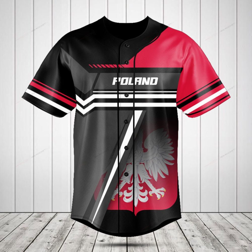 Poland Pride Baseball Jersey - Stylish Eagle Design, Red &amp; Black, Unisex Comfort Fit