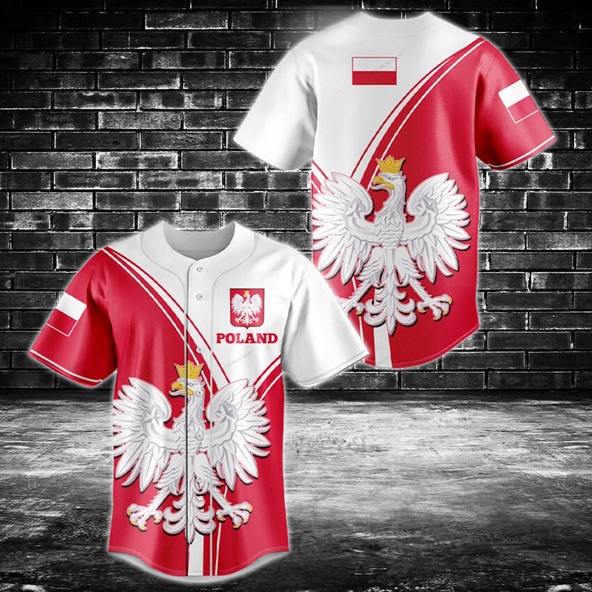 Poland Eagle Baseball Jersey - Bold Red &amp; White Design, Perfect For Fans &amp; Teams