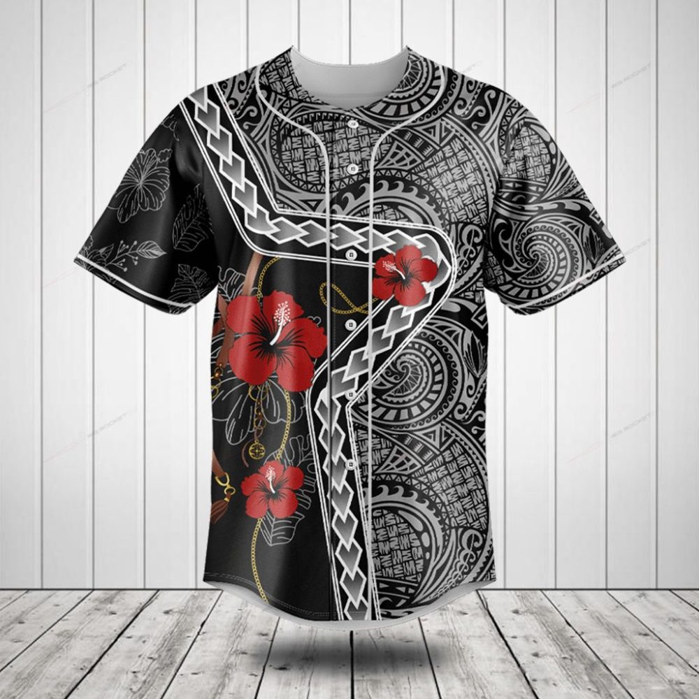 Tribal Floral Baseball Jersey - Bold Black &amp; Red Design, Unisex Summer Style