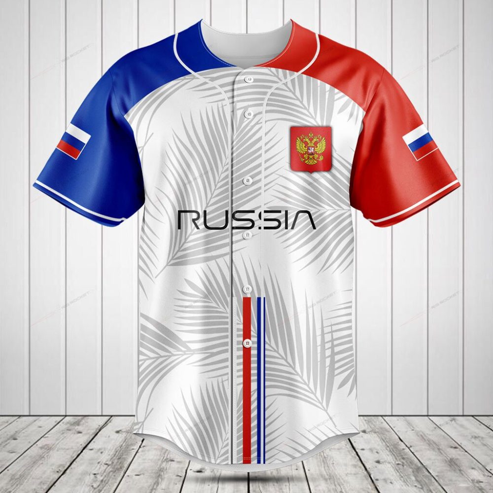 Stylish Russia Flag Baseball Jersey – Patriotic Sportswear With Palm Leaf Design