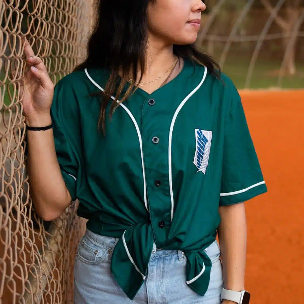 Stylish Anime-Inspired Green Baseball Jersey With Iconic Wings Logo - Perfect For Fans!