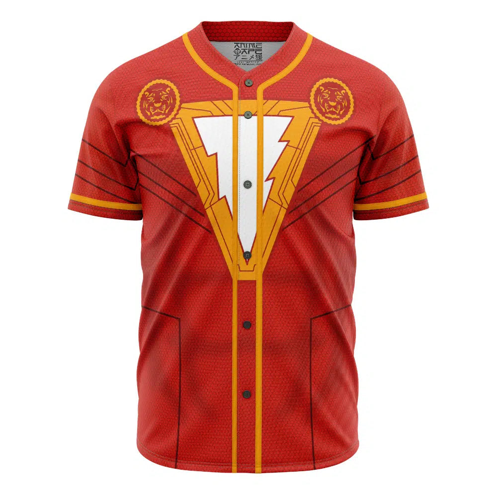 Unleash Your Inner Hero: Bold Red Lightning Bolt Graphic Baseball Jersey - Perfect For Fans &amp; Trendsetters!