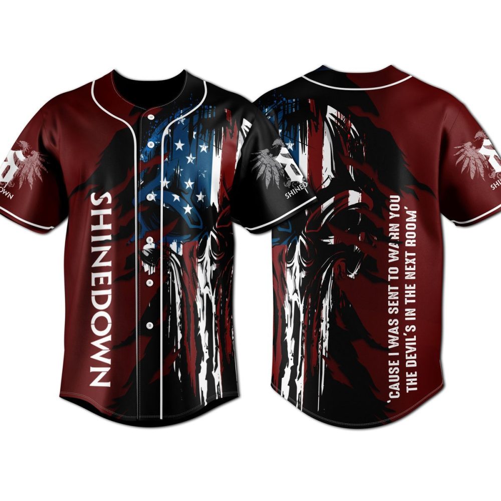 Shinedown Baseball Jersey - American Flag Skull Design, Unisex Rock Apparel