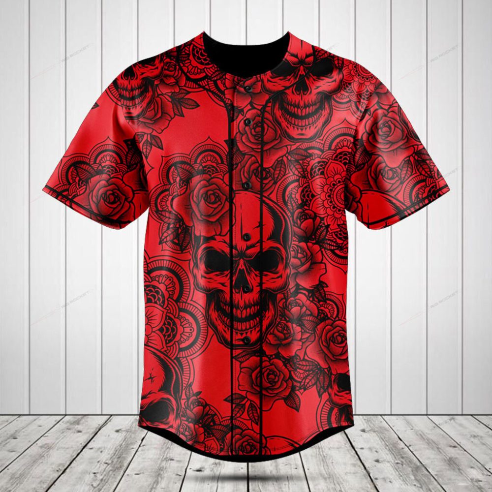 Men'S Red Skull &amp; Roses Graphic Baseball Jersey - Bold &amp; Stylish Casual Wear