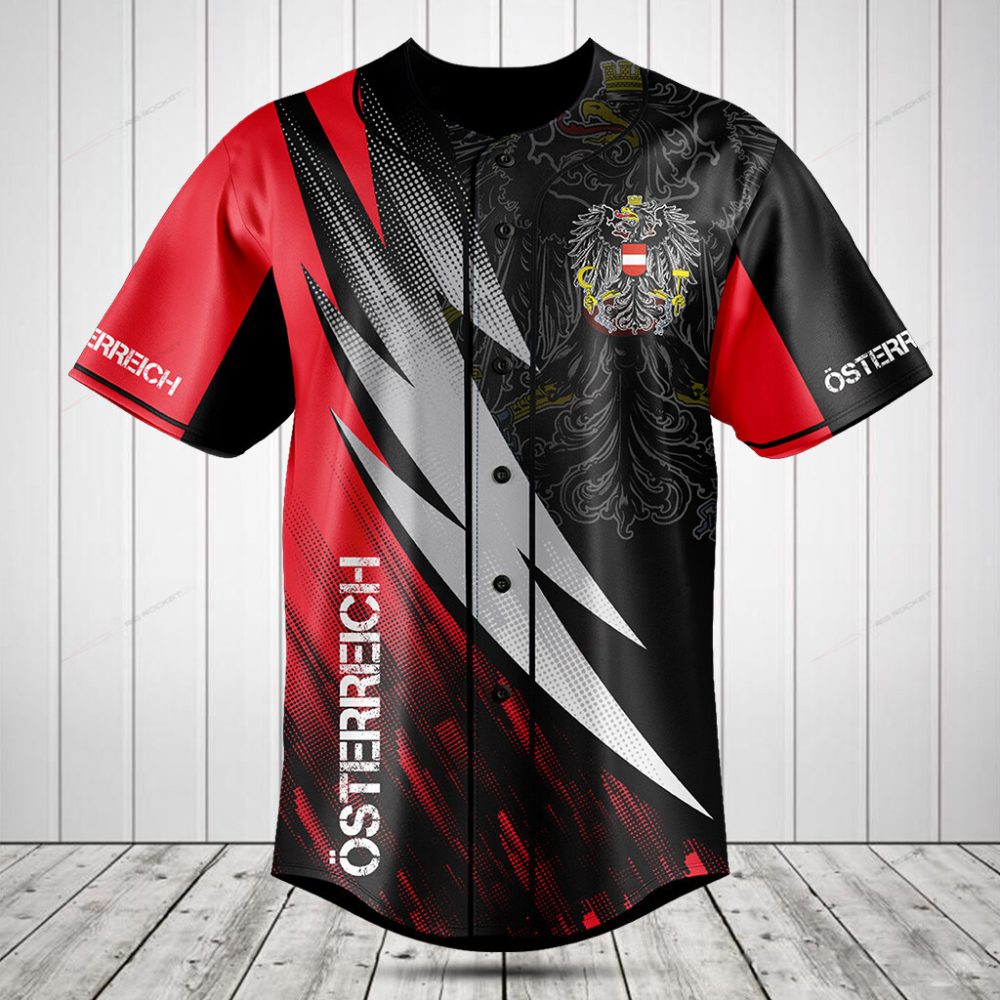 Österreich Flag Baseball Jersey - Stylish Black &amp; Red Design With Crest - Unisex Sportswear
