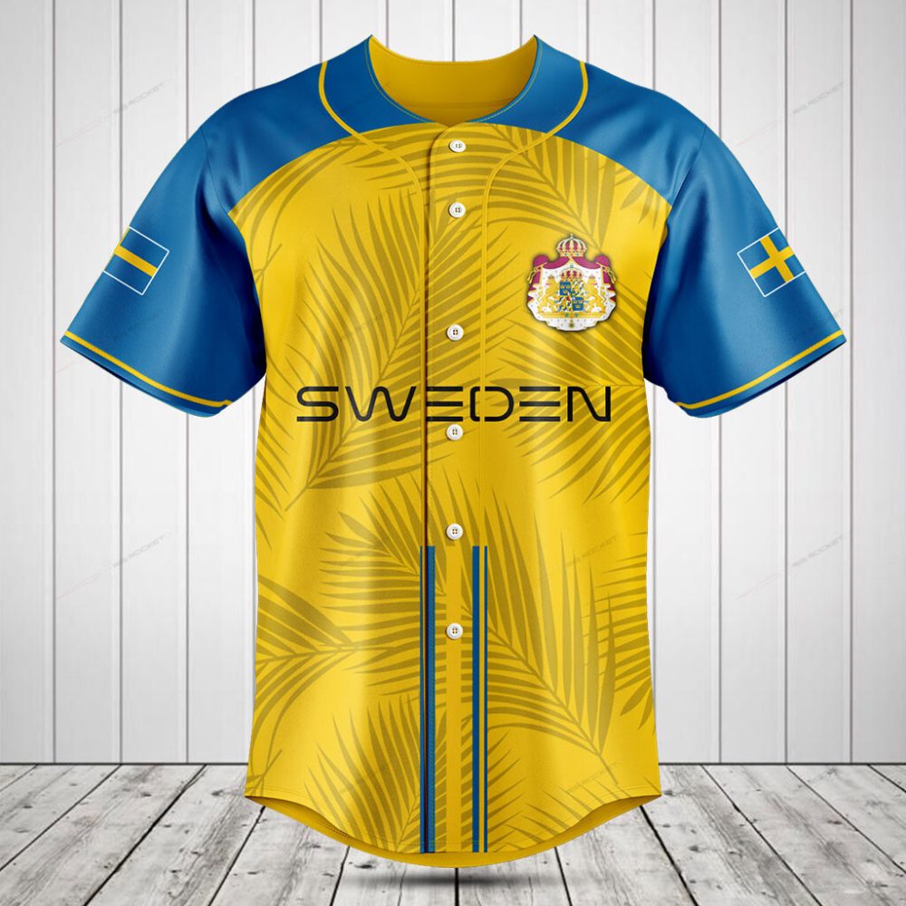 Sweden Pride Baseball Jersey - Yellow &amp; Blue Tropical Design - Unisex Sport Shirt